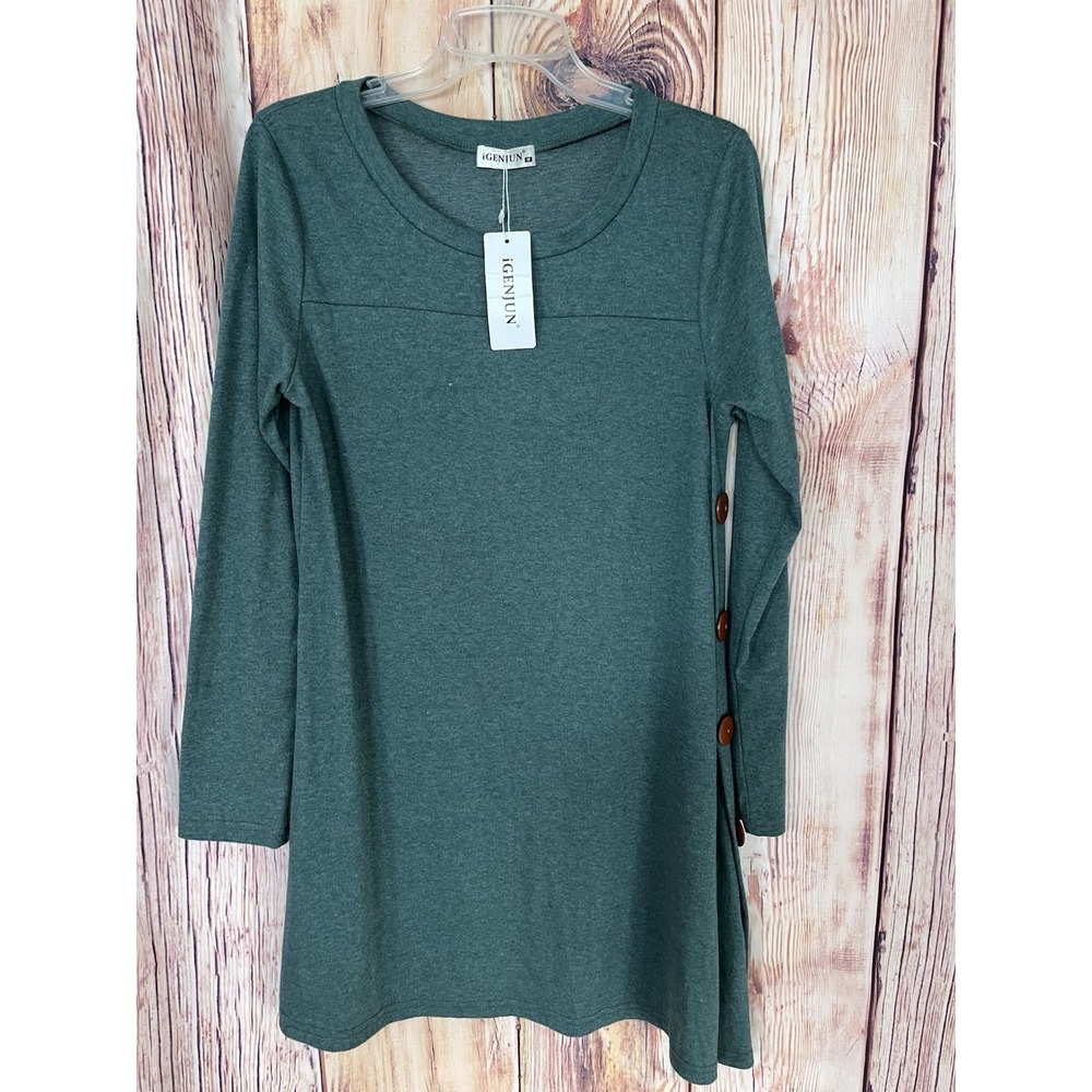 Igenjun Women's Size Medium Green Scoop Neck Long Sleeve Tunic Blouse Dress NWT